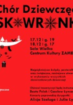 Na czerwonym tle widnieją białe oraz czarne elementy świąteczne - choinki, bombki, prezenty czy też jemioła. W dolnej części grafiki znajduje się logo chóru. Białym tekstem napisano Koncerty Świąteczne. U góry natomiast czarnym tekstem Chór Dziewczęcy Skowronki.