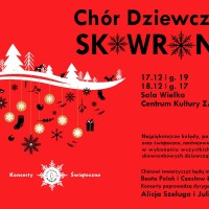 Na czerwonym tle widnieją białe oraz czarne elementy świąteczne - choinki, bombki, prezenty czy też jemioła. W dolnej części grafiki znajduje się logo chóru. Białym tekstem napisano Koncerty Świąteczne. U góry natomiast czarnym tekstem Chór Dziewczęcy Skowronki.