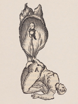 Jedna z prac artystki. Leżąca sylwetka ludzka i wychodzący z niej noworodek, połaczone pępowiną.