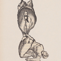 Jedna z prac artystki. Leżąca sylwetka ludzka i wychodzący z niej noworodek, połaczone pępowiną.