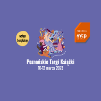 Na środku grafika przedstawiająca kilka sylwetek czytających książki. Na dole białe napisy informujące o wydarzeniu na fioletowym tle.