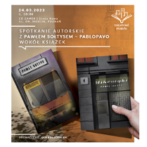 Na beżowo-brązowo-szarej grafice przedstawiono dwie okładki książek - "Nieradość" i "Mikrotyki" autorstwa Pawła Sołtysa. Na okładce "Nieradość" widać przednią część pojazdu, najpewniej autobusu. Zbliżenie na szary budynek z dużym oknem wystawowym wypełnia okładkę "Mikrotyków". Tekst z informacją o tytule i miejscu spotkania zapisano w górnej części plakatu.