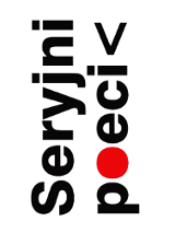 Na białym tle kontrastowo pojawia się hasło "Seryjni poeci". W zapisach dominuje kolor czarny z odrobiną czerwieni.