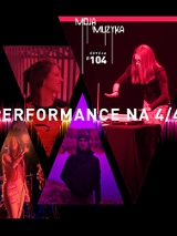 Grafika przedstawia sylwetki kompozytorów. Ich zdjęcia umieszczone są w ramkach z trójkątów. Na środku znajduje się duży napis "performance na 4/4". U góry grafiki umieszczony jest logotyp cyklu Moja Muzyka.