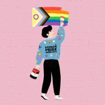 Chłopak w kurtce w kolorowe naszywki z farbą w ręku malujący flagę społeczności LGTB+ na różowej ścianie.