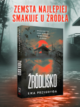 Okładka książki "Źródlisko" na szarym, mrocznym tle.