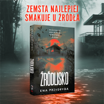 Okładka książki "Źródlisko" na szarym, mrocznym tle.