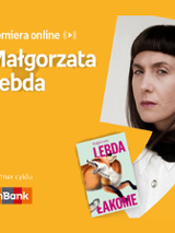 Plakat ze zdjęciem autorki i okładką książki w prawej części. W części lewej imię i nazwisko na pomarańczowym tle.