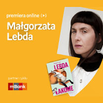 Plakat ze zdjęciem autorki i okładką książki w prawej części. W części lewej imię i nazwisko na pomarańczowym tle.