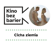 Grafika przedstawia logo Kina bez barier na białym tle i kadr z filmu w okręgu. Kadr przedstawia kobietę z i mężczyznę stojących przy murze. Są zamyśleni. W tle widać morze. Poniżej duży czarny tytuł "Wyrwa" pomiędzy rzędami zielonych kropek.