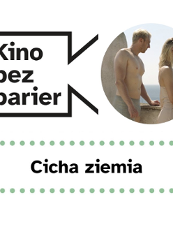 Grafika przedstawia logo Kina bez barier na białym tle i kadr z filmu w okręgu. Kadr przedstawia kobietę z i mężczyznę stojących przy murze. Są zamyśleni. W tle widać morze. Poniżej duży czarny tytuł "Wyrwa" pomiędzy rzędami zielonych kropek.
