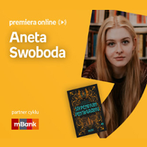 Plakat ze zdjęciem autorki i okładką książki w prawej części. W części lewej imię i nazwisko na pomarańczowym tle.