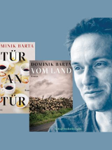 Po prawej stronie, na niebieskim tle, zdjęcie autora, na środku i po lewej okładki książek.