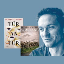 Po prawej stronie, na niebieskim tle, zdjęcie autora, na środku i po lewej okładki książek.