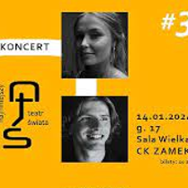 Na intensywnie żółtym tle umieszczono logo NTS #3, napis KONCERT oraz cztery czarno-białe fotografie przedstawiające artystkę i trzech artystów, którzy wystąpią podczas koncertu. W górnym prawym rogu napisy: 14.01.2024, g.17, Sala Wielka CK ZAMEK