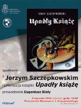 Okładka książki "Upadły książę", poniżej napisy informujące o wydarzeniu.