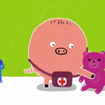 NRysunek świnki z przewieszoną apteczką. Świnka trzyma misia.