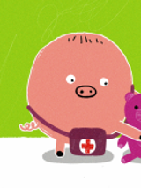 NRysunek świnki z przewieszoną apteczką. Świnka trzyma misia.