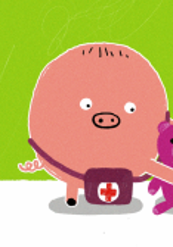 NRysunek świnki z przewieszoną apteczką. Świnka trzyma misia.