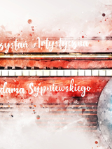 Biały napis "Przystań Artystyczna Adama Sypniewskiego" na kolorowym, różowo-czerwonym tle. Przez środek przebiegają biało-czarne klawisze, po prawej zarys gitary.