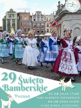 Plakat wydarzenia ze zdjęciem kobiet idących przez Rynek i ubranych w tradycyjne, bamberskie stroje. Na dole napisy informujące o dacie i miejscu wydarzenia.