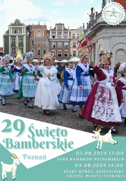 Plakat wydarzenia ze zdjęciem kobiet idących przez Rynek i ubranych w tradycyjne, bamberskie stroje. Na dole napisy informujące o dacie i miejscu wydarzenia.