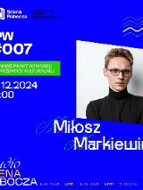 W prawej części zdjęcie przedstawiające Miłosza Markiewicza. Kompozycja utrzymana w niebieskim kolorze. Na grafice informacje o spotkaniu.