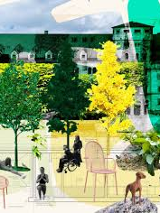 Grafika-fotomontaż. W tle czarno-białe zdjęcie fasady Zamku przysłoniętej zielonym bluszczem i ciemno zielonymi i żółtymi drzewami. Przed Zamkiem wycięte czarno-białe sylwetki ludzi relaksujących na dziedzińcu, różowe meble ogrodowe i pies.