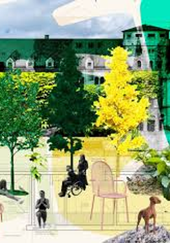 Grafika-fotomontaż. W tle czarno-białe zdjęcie fasady Zamku przysłoniętej zielonym bluszczem i ciemno zielonymi i żółtymi drzewami. Przed Zamkiem wycięte czarno-białe sylwetki ludzi relaksujących na dziedzińcu, różowe meble ogrodowe i pies.