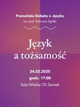 Na fioletowo-żółtym tle tytuł debaty i informacje o miejscu i godzinie spotkania.