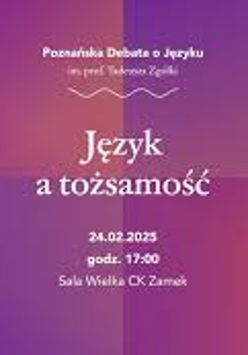 Na fioletowo-żółtym tle tytuł debaty i informacje o miejscu i godzinie spotkania.