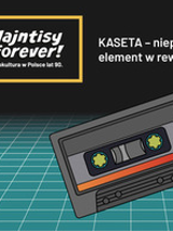 Wielobarwna grafika podzielona na cztery części. W lewym górnym rogu rysunkowy Game Boy, obok dwa otwarte czasopisma/komiksy. W lewym dolnym rogu kaseta VHS, w prawym biały napis: "Najntisy forever! Popkultura w Polsce lat 90.