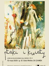 Plakat wydarzenia kulturalnego dla dzieci pt. "Ptaki i kwiaty". Na górze znajduje się kolorowa ilustracja w stylu surrealistycznym - przedstawia postać o ludzkim ciele i zwierzęcej głowie, trzymającą wiatraczek. W tle widać m.in. papierowe ludziki, ptaki, drzewo, fragmenty budynków i różne abstrakcyjne elementy. Poniżej ilustracji znajdują się informacje o wydarzeniu.