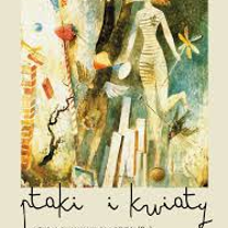 Plakat wydarzenia kulturalnego dla dzieci pt. "Ptaki i kwiaty". Na górze znajduje się kolorowa ilustracja w stylu surrealistycznym - przedstawia postać o ludzkim ciele i zwierzęcej głowie, trzymającą wiatraczek. W tle widać m.in. papierowe ludziki, ptaki, drzewo, fragmenty budynków i różne abstrakcyjne elementy. Poniżej ilustracji znajdują się informacje o wydarzeniu.