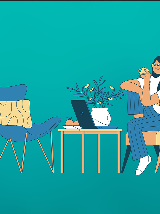 Na turkusowym tle rysunek, na którym widać dwa fotele i stolik.