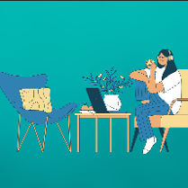 Na turkusowym tle rysunek, na którym widać dwa fotele i stolik.