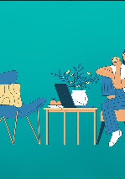 Na turkusowym tle rysunek, na którym widać dwa fotele i stolik.