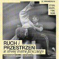 Grafika przedstawia czarno-białe zdjęcie otoczone beżową, szeroką ramką z prostokątów. Fotografia prezentuje ciała tancerzy w ruchu. Po bokach widoczne są napisy przedstawiające nazwę, daty i miejsce wydarzenia oraz nazwisko prowadzącego.