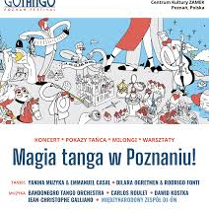 Festiwalowa grafika, na której sporo się dzieje. Na mapie Poznania, z zarysowanymi miejscami festiwalowymi, widoczne są osoby, które grają na różnych instrumentach i tańczą. Poniżej plansza z informacjami o tym, co znajdziemy w programie festiwalu. Powyżej grafiki logo festiwalu oraz daty wydarzenia.