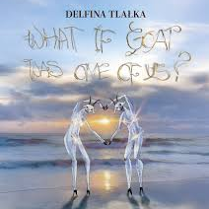Fantastyczna grafika przedstawiająca dwie smukłe, humanoidalne postacie z głowami kozłów, trzymające się za ręce i tworzące kształt serca na tle zachodu słońca nad morzem. Nad sceną widnieje napis "DELFINA TŁAŁKA' oraz tytuł "What if goat was one of us?' zapisany dekoracyjną, organiczną czcionką.