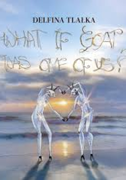 Fantastyczna grafika przedstawiająca dwie smukłe, humanoidalne postacie z głowami kozłów, trzymające się za ręce i tworzące kształt serca na tle zachodu słońca nad morzem. Nad sceną widnieje napis "DELFINA TŁAŁKA' oraz tytuł "What if goat was one of us?' zapisany dekoracyjną, organiczną czcionką.