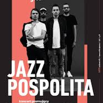 Plakat koncertowy zespołu Jazz Pospolita. Czterech mężczyzn stoi frontalnie na ciemnym tle; ubrani w casualowe, ciemne i jasne stroje. Po lewej pionowy, koralowy pas z datą "25.01.2026, g. 19". Duży biały napis "JAZZ POSPOLITA". Informacje: "koncert promujący nowy album Kosmopolis", "Centrum Kultury Zamek w Poznaniu, Sala Wielka", oznaczenie "JazzZamek #71". Kolorystyka czerni, bieli i koralu.