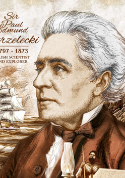 Na grafice portret Strzeleckiego autorstwa Dawida Celeka