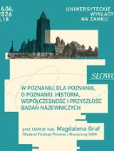 Na seledynowym tle duża jasnożółta apla z tytułem wykładu: "W Poznaniu, dla Poznania, o Poznaniu. Historia, współczesność i przyszłość badań nazewniczych" oraz nazwiskiem prowadzącej wykład. Nad aplą czarno-białe historyczne zdjęcie Zamku w miniaturze. Obok zdjęcia data i godzina wydarzenia oraz napis: Uniwersyteckie Wykłady na Zamku.