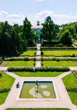 Ogród Botaniczny. Fontanna, rośliny, drzewa i ścieżki spacerowe.