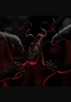 Dłonie i stopa, w środku baletka, wokół niej wirujące wstążki