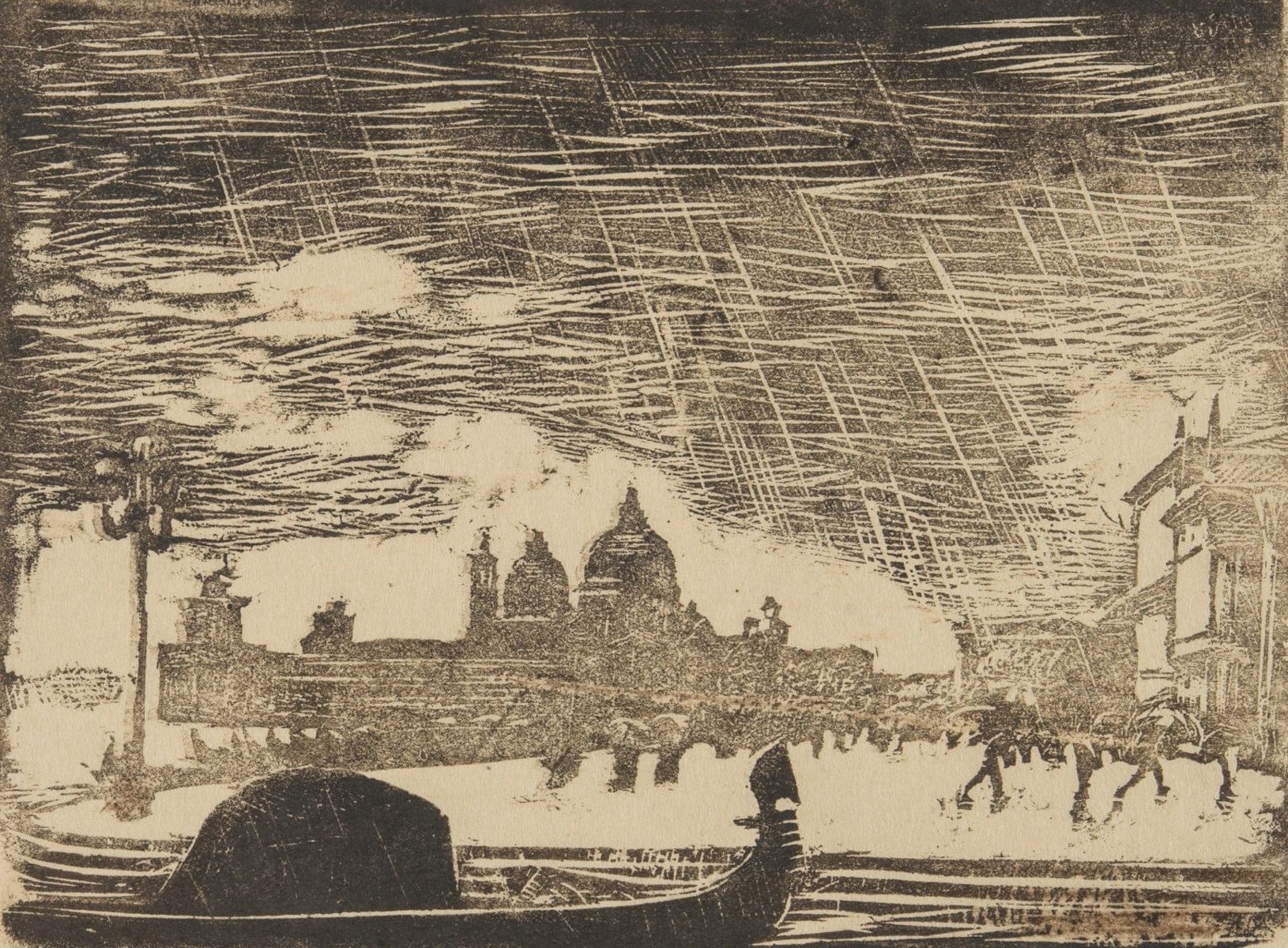 grafika biało-szara, latarnie uliczne, budynek pałacowy w deszczu, zarys łodzi