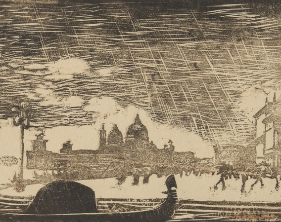 grafika biało-szara, latarnie uliczne, budynek pałacowy w deszczu, zarys łodzi