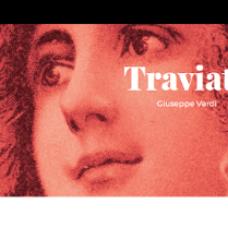 w tle grafiki twarz lekko uśmiechniętej kobiety z długimi włosami, na pierwszym planie tytuł opery i autor