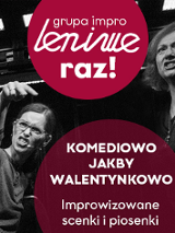 czarno białe zdjecie przedstawia trzy gestykulujące kobiety; w prawej części dwa koła w kolorze wiśniowym z informacjami o spektaklu